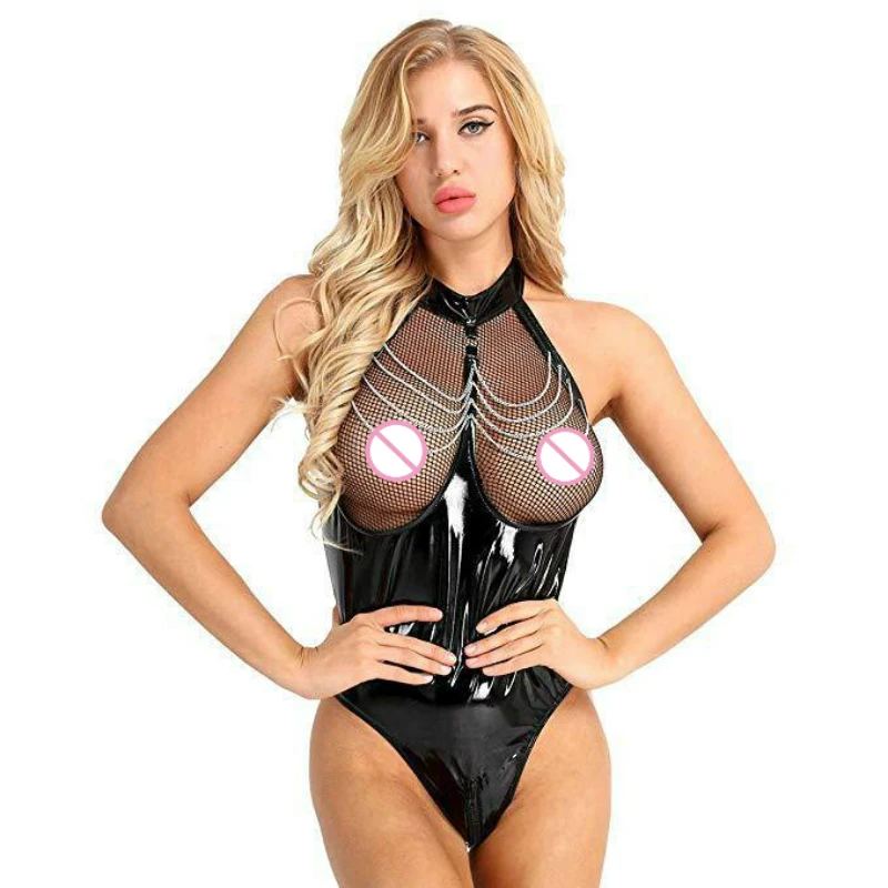 Erotic Sexy Crotchless Latex Catsuit  Fishnet Clothing  Open Crotch Jumpsuit  Patent Leather Breast Exposing Bodysuit Lingerie