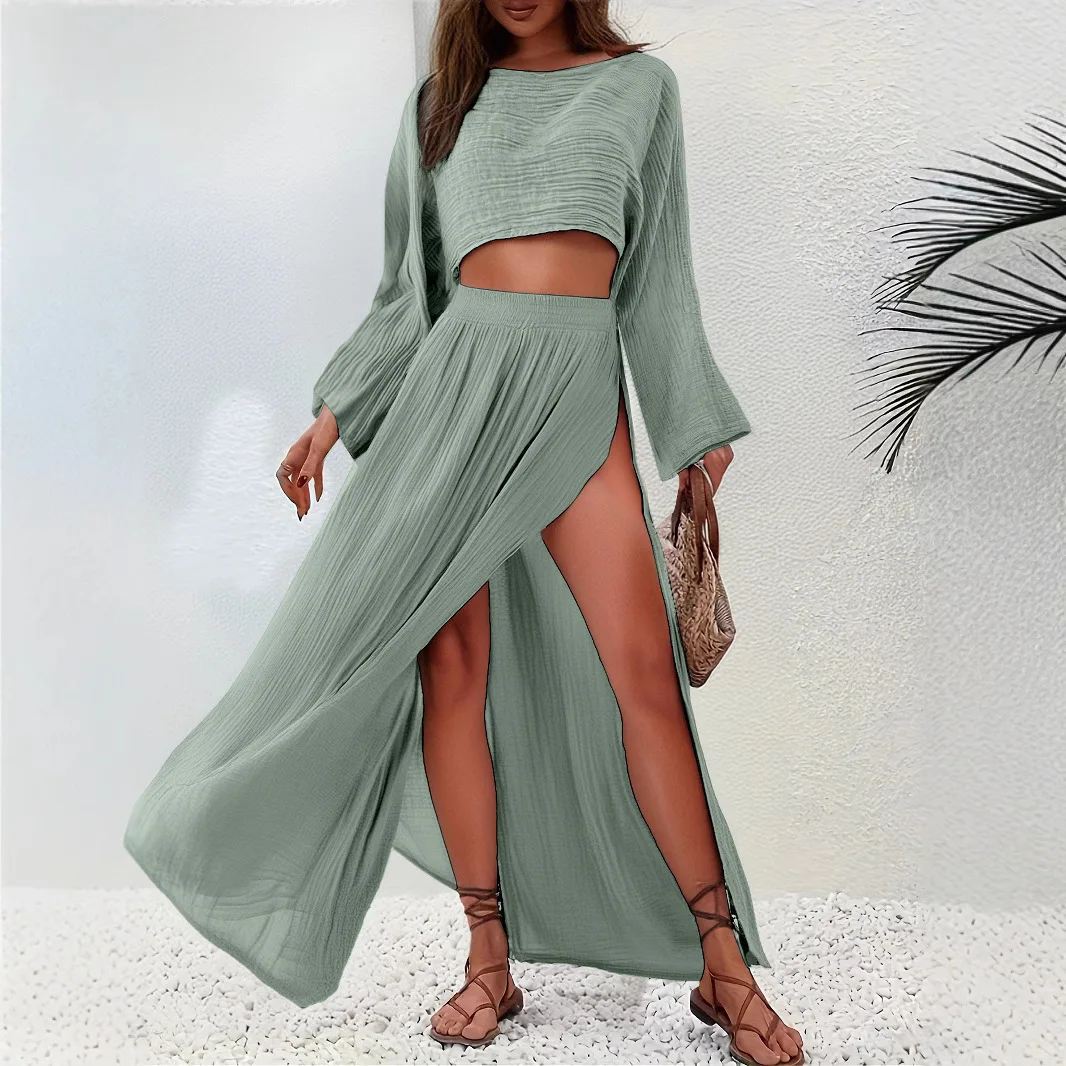 

High Waisted Chic Slit Cotton Linen Casual Two Piece Set Long Sve n Sle Loose Fit Pants And Top Spring Summer