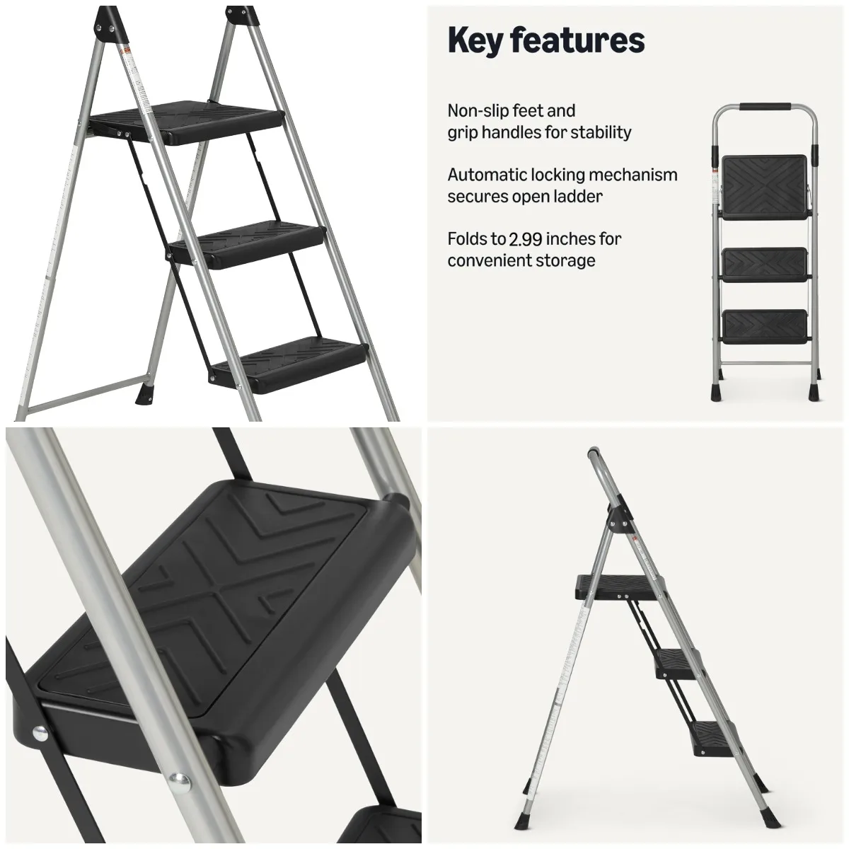 

Basics Folding 3 Step Portable Ladder, with Wide Anti-Slip Pedal, Black