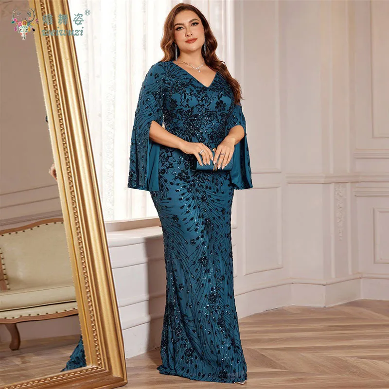 Outono vestidos de noite de luxo fenda manga longa plus size emagrecimento temperamento lantejoulas bordado cauda peixe saia vestido de noite