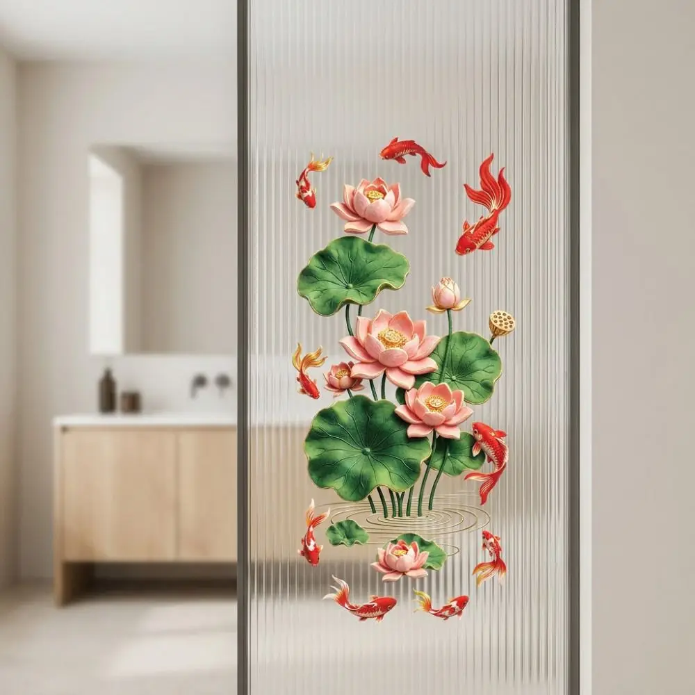 Lotus Flower Glass Decal Flower Koi Sticker Lotus and Koi Pattern No Glue Glass Door Sticker Pink and Green Print