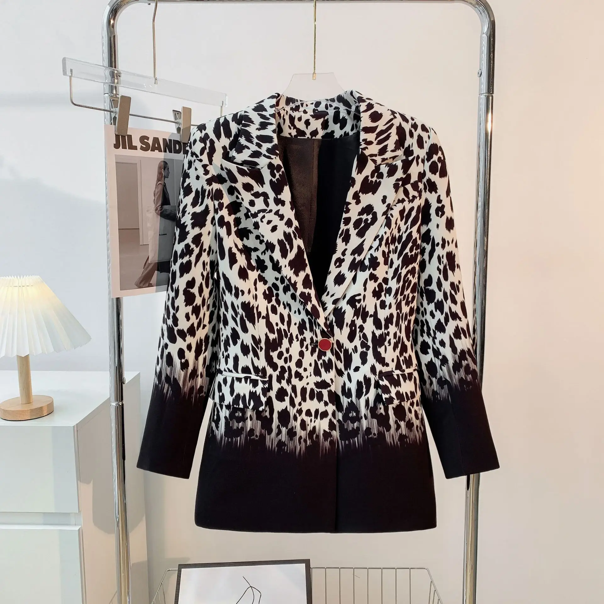European American gradient leopard print sexy V-neck woolen coat women's fashion temperament coat blazer ropa mujer traf 2025 fe