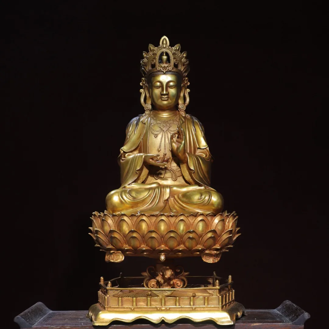 

20"Tibetan Temple Collection Old Bronze Gilded Cinnabar Guanyin Bodhisattva Sitting Buddha Lotus Buddha Terrace Worship Hall