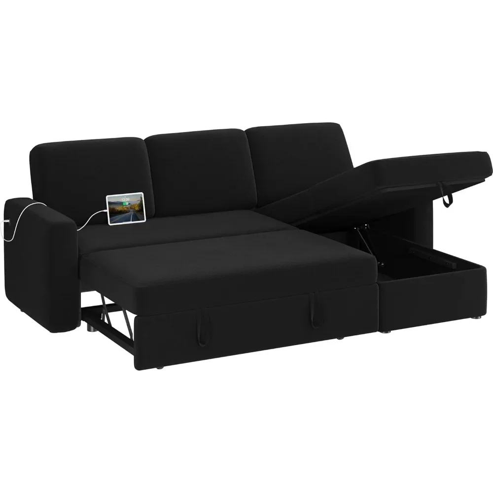 L-shaped sectional sofa, couch bed w/USB, reversible sleeper sofa, 4-seat fabric, pull-out bed & storage, black, for living room