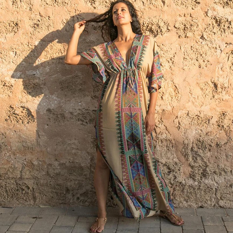 

2023 Swimsuit Cover Up Pareo Bohemian Dress Sarong Kaftan Beachwear Bikini Cover Up Robe Plage Bathing Suit Women Maxi Dress