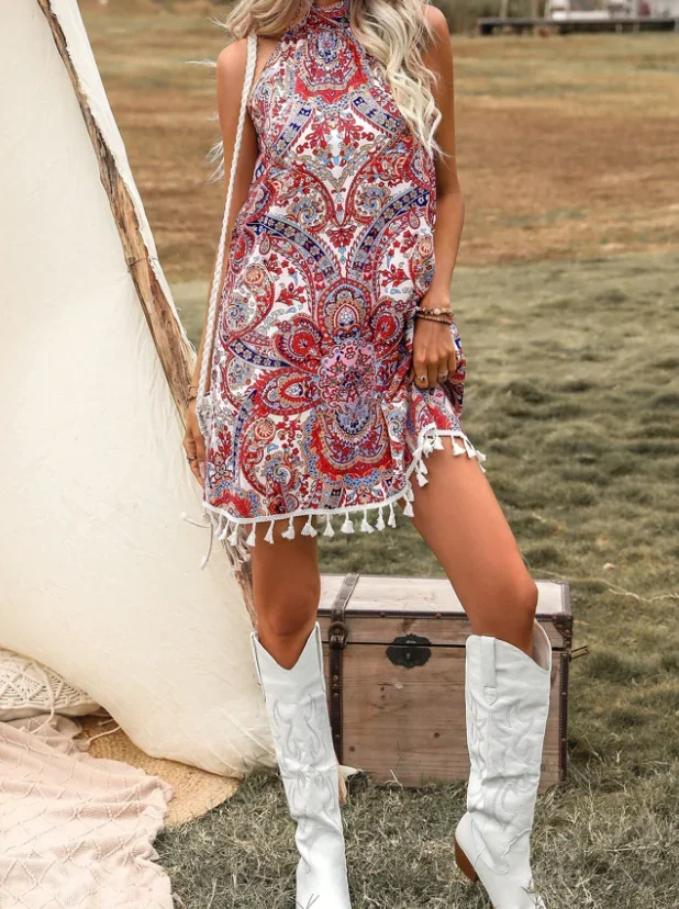 Vestido de verão mulher vintage y2k floral impressão em torno do pescoço sem mangas colete vestido nicho solto elegante borla hem a linha vestido