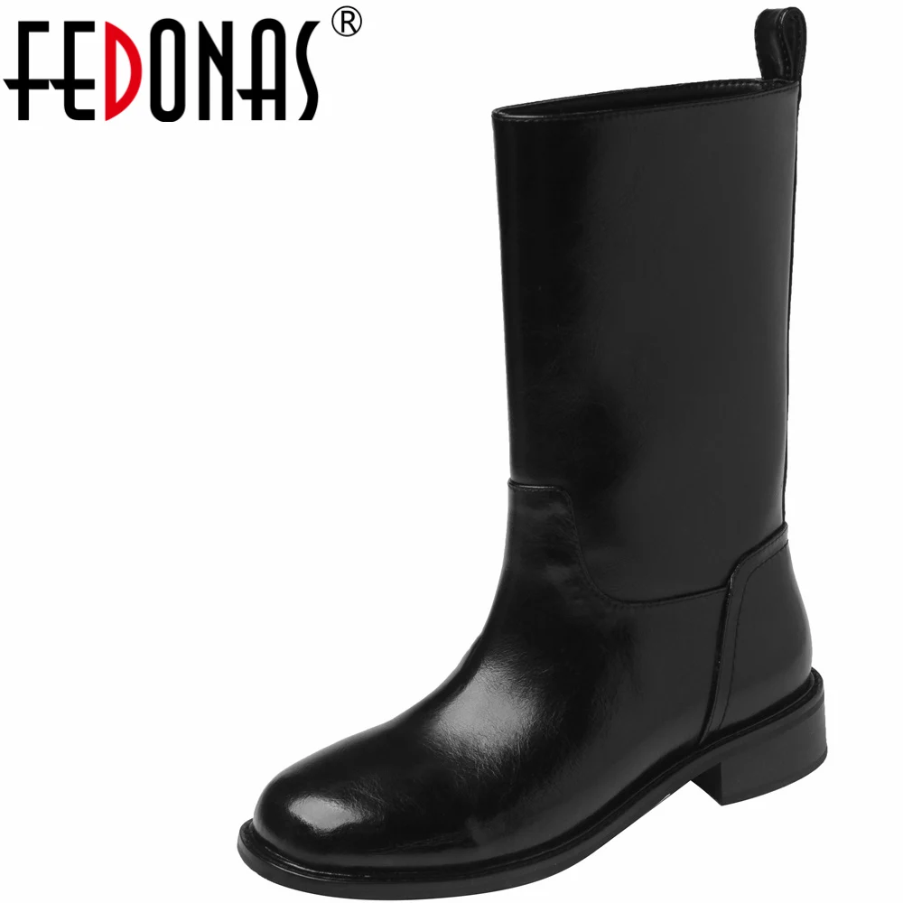 

FEDONAS 2023 Concise Women Mid-Calf Boots Thick Heels Autumn Winter Genuine Leather Office Lady Basic Round Toe Shoes Woman New