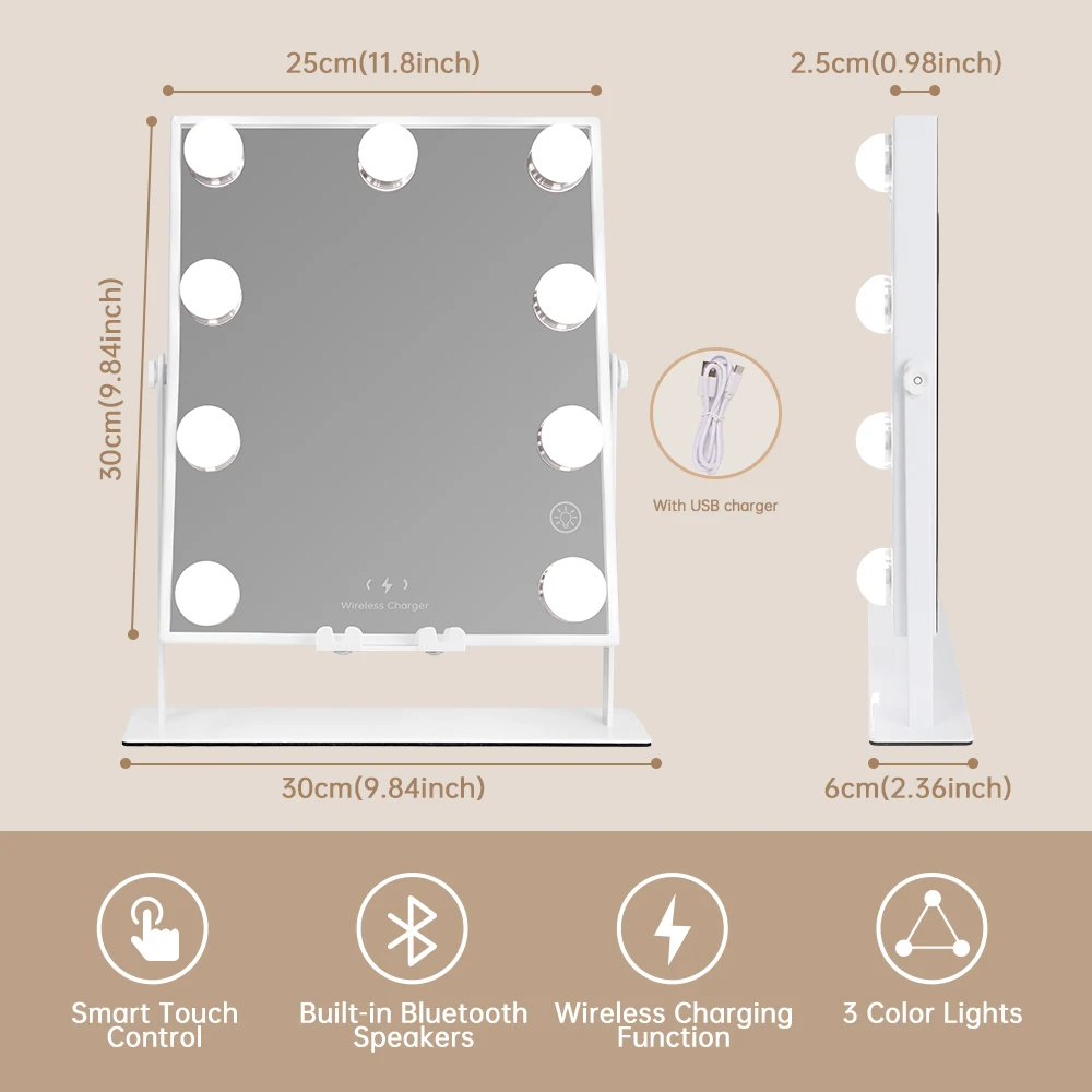 Lighted Vanity Mirror with Bluetooth and Wireless Charging Makeup Lights 9 Dimmable Bulbs 3 Color Lighting Tabletop (Whi