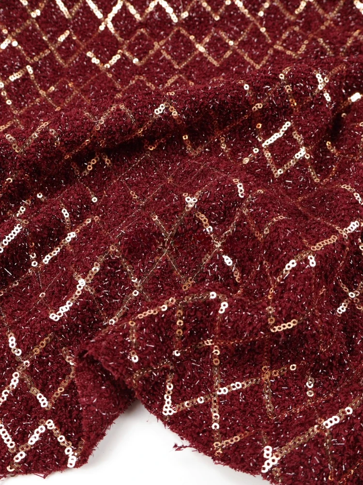 

Plaid Embroidery Coarse Tweed Woven Fabric for Drape Dress Vest Jacket Set Bright Glitter Cloth Diy Per Meter Sewing Material