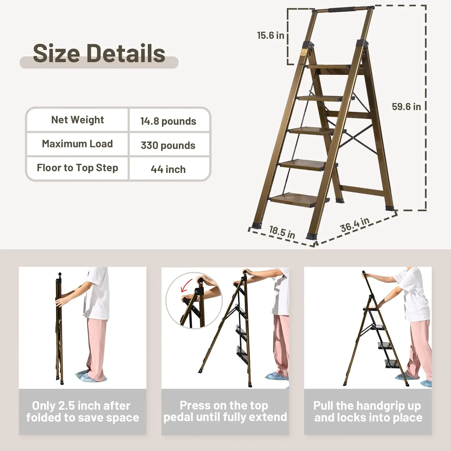 Escalera de 5 escalones, taburete de aluminio de 5 escalones con pasamanos retráctil y pedal ancho antideslizante, escaleras de taburete plegables de 5 escalones, 330 libras S