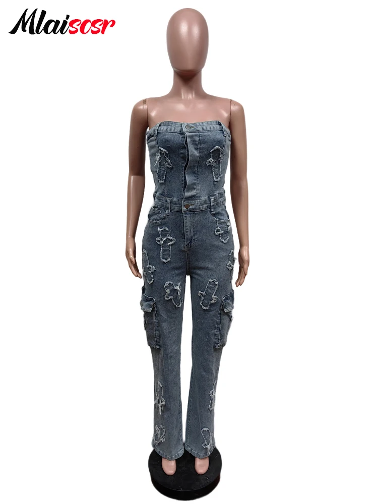 Mlaiscsr Cross Embroidery Pockets Stretch Denim Jumpsuits Women Sleeveless Off Shoulder Boyfriend Rompsers Blue Cargo Overalls