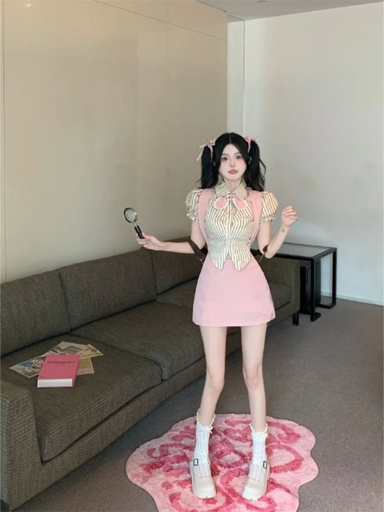 

Lapel Neck Striped Slim Fit Puff Sleeve Shirt Women+ Summer High Waist Pink Bodycon Strap Skirts 2025 New Two Piece Sets