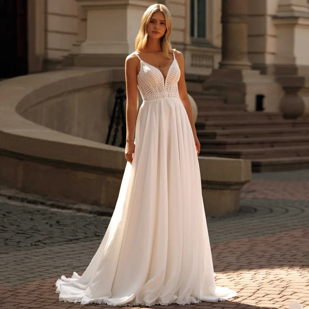 فستان زفاف بوهو مثير من فيستدوس دي نوفيا مخصص على شكل حرف V أشرطة سباغيتي دانتيل شيفون فستان زفاف الشاطئ فساتين العروس