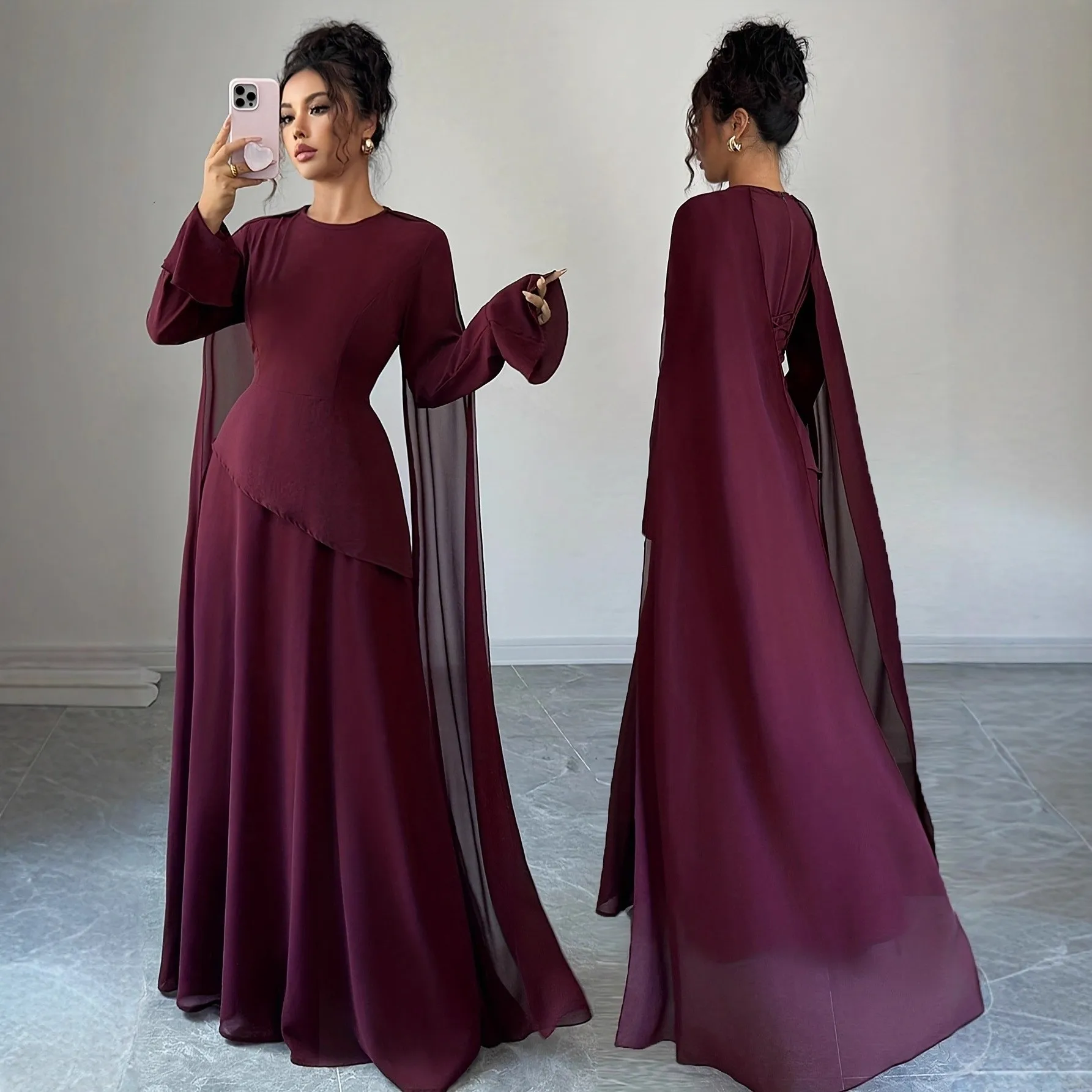 

Elegant Party Dress Wedding Guest Prom Ball Gown Long Sleeve Round Neck Ruched Waist Sheer Cape Burgundy Floor Length Maxi Dress