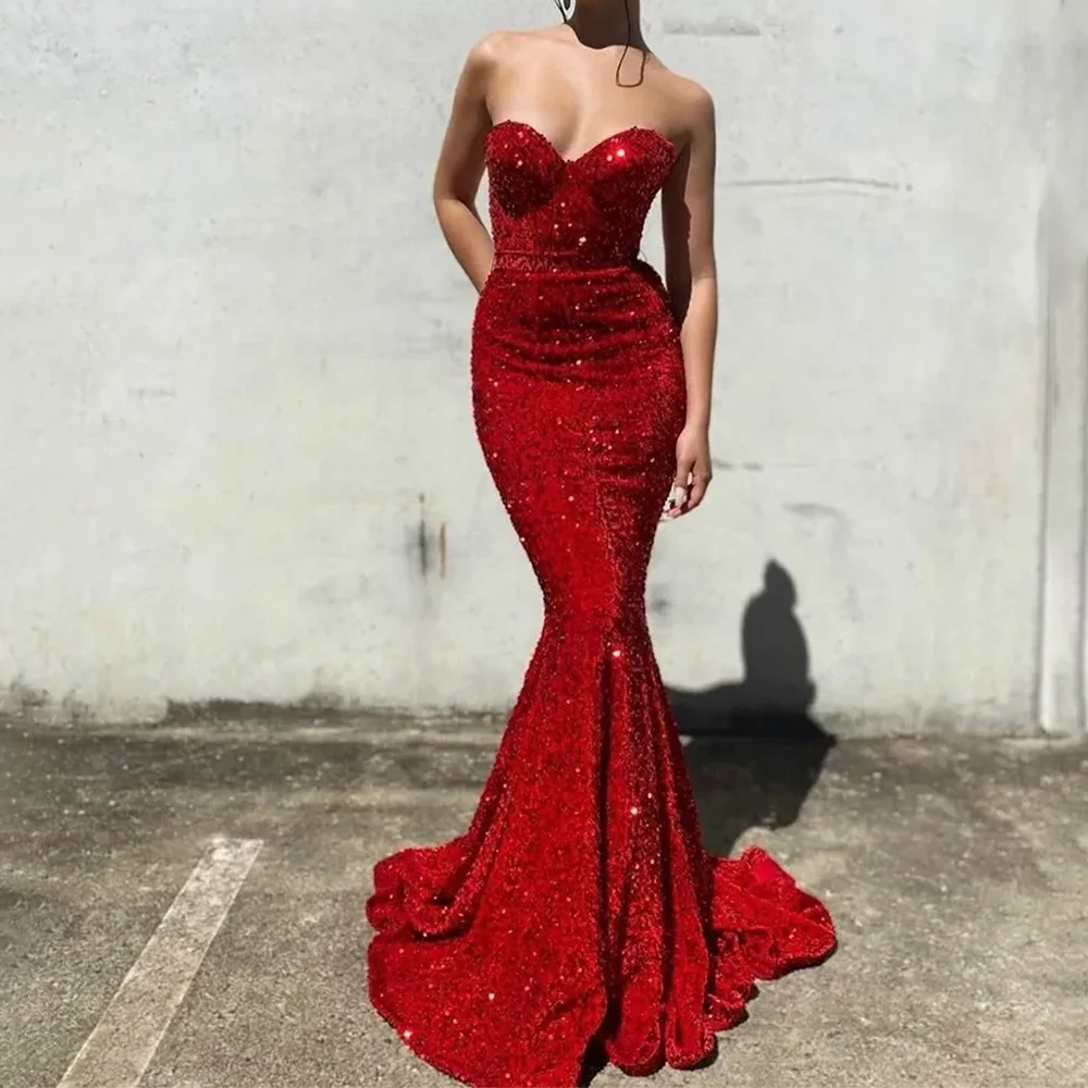 

Red Sequined 2025 Elegant Evening Dresses Formal Party Prom Gowns Trumpet Strapless Vintage Evening Prom Dresses Customized