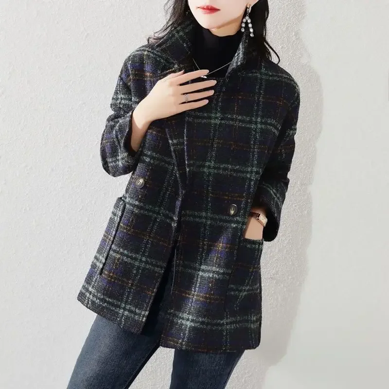 Over Blazer Woman Jacket Dress Clothes Colorblock Long Tweed Loose Coats for Women Outerwears Plaid Check Wool & Blend American