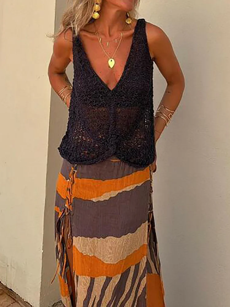 Spring Summer Women All Match Maxi Skirts, Beach Style Fashion Simple Split Skirts, New Lace-Up Printing Patchwork Ladies Skirts