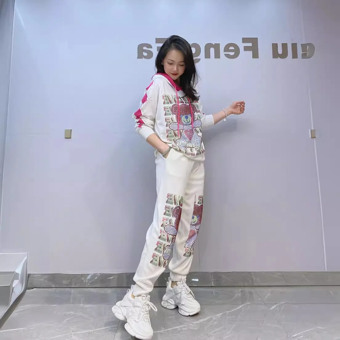 Two Piece Set Women Spring Clothing Cartoon Pattern Letter Diamonds Knitted Tracksuit Long Sleeve Hooded Tops Stretchy Joggers