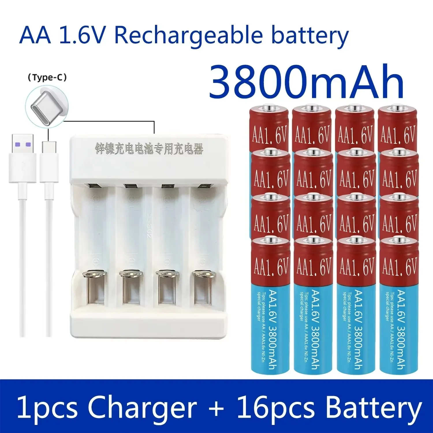 Batería recargable Ni-Zn 3800mAh 1,6V AA NiZn para juguetes, MP3, luces solares, cámara digital, MP4, coche RC con carga USB