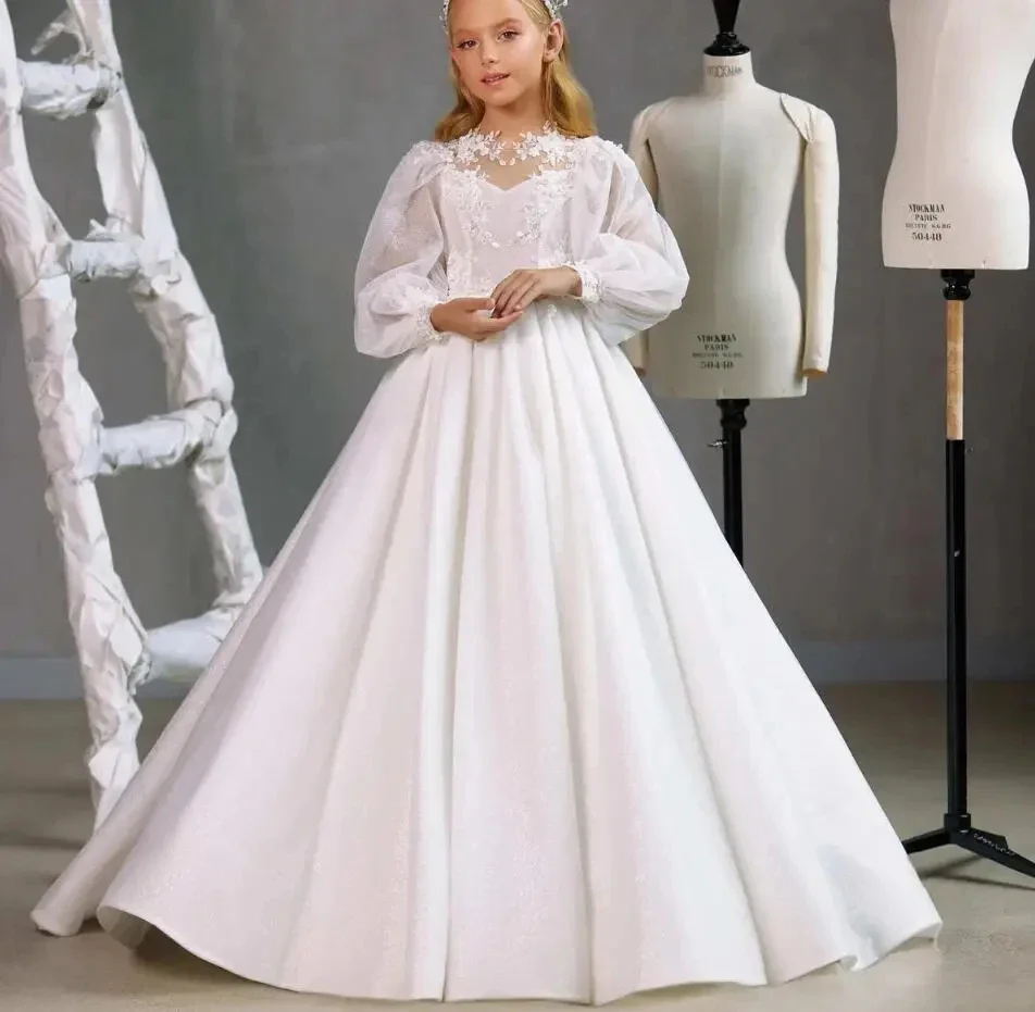 

Glitter Satin Flower Girl Dresses Long Sleeves Princess Wedding Party Dress Appliques Tulle First Communion Ball Gown for Girls