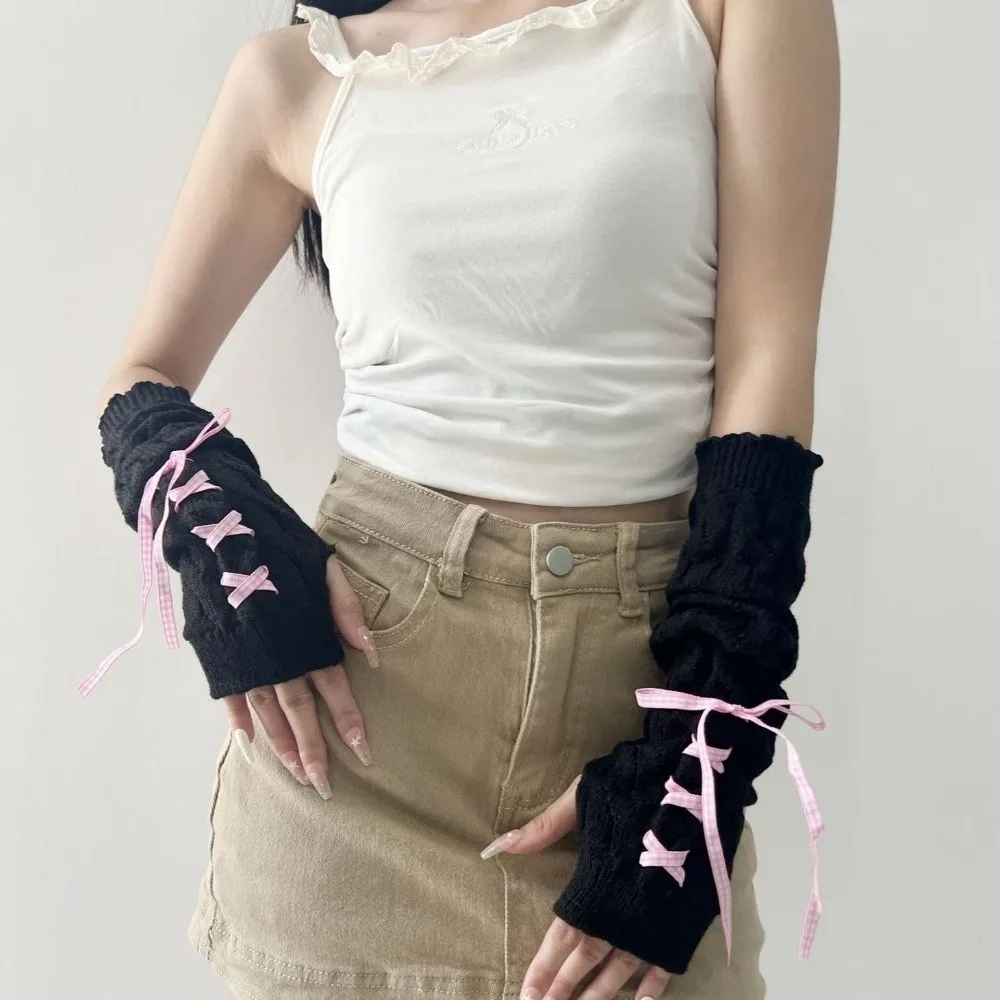 

Fashion Long Arm Warmer Gloves Cold Proof with Ribbon Warm Arm Sleeve Knitted Fingerless Gloves Women