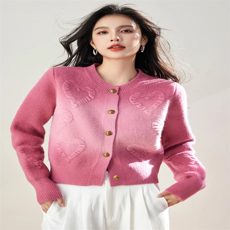 FOTVOTEE Y2k Fashion Gradient Knitted Cardigan Women Chic Heart O Neck Single Breasted Sweater 2024 New Design Elegant Cardigans