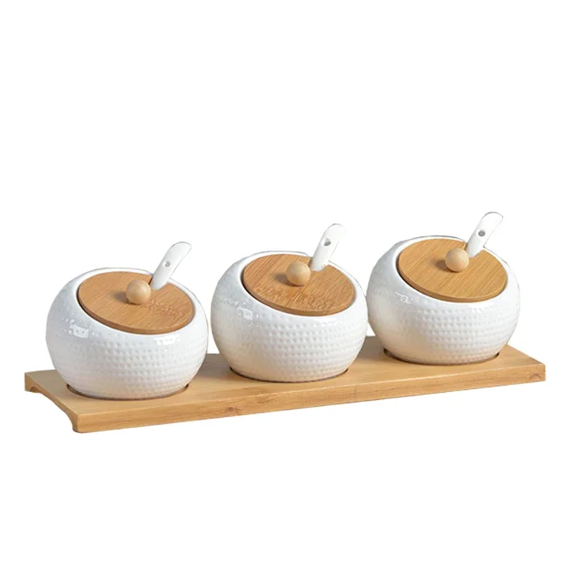 3 Piece Set / Kitchen Supplies Ceramic Seasoning Pot Pepper Salt Glass Cruet Trapezoidal Bamboo Rack Tray Kitchen Seasoning Tool