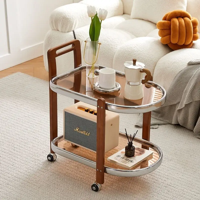 Solid Wood Trolley Removable Tea Trolley Side A Few Storage Rack Net Red Living Room Retro Furniture Simple Glass Dining Cart