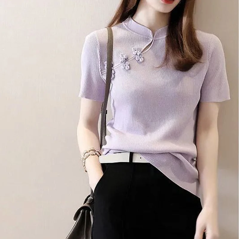 Summer New Round Neck Fashion Short Sleeve T-Shirts Women High Street Elegant Knitting Pullovers Solid Color All-match Chic Top