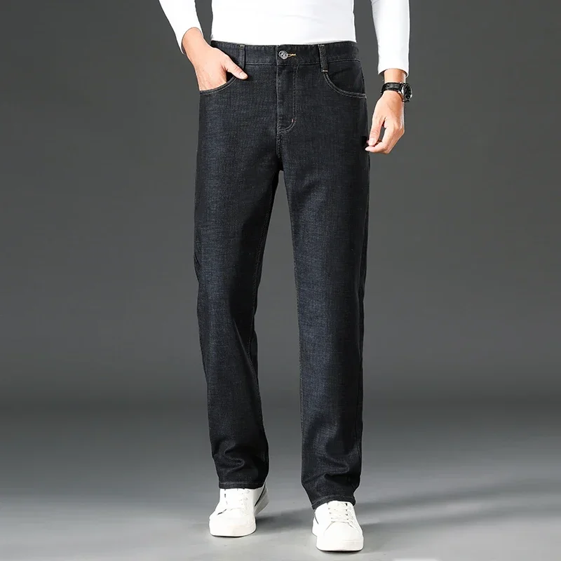 

Summer Straight Jeans Male Zipper Fly Casual Thin Black Jeans Men Business Solid Color Elasticity Pant Man