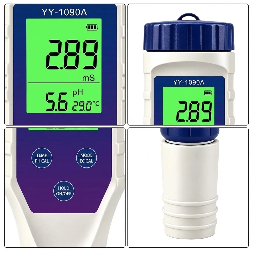 Rechargeable 5-in-1 Water Quality Pen for pH Conductivity Salt Temperature Measurement with Calibration Solutions