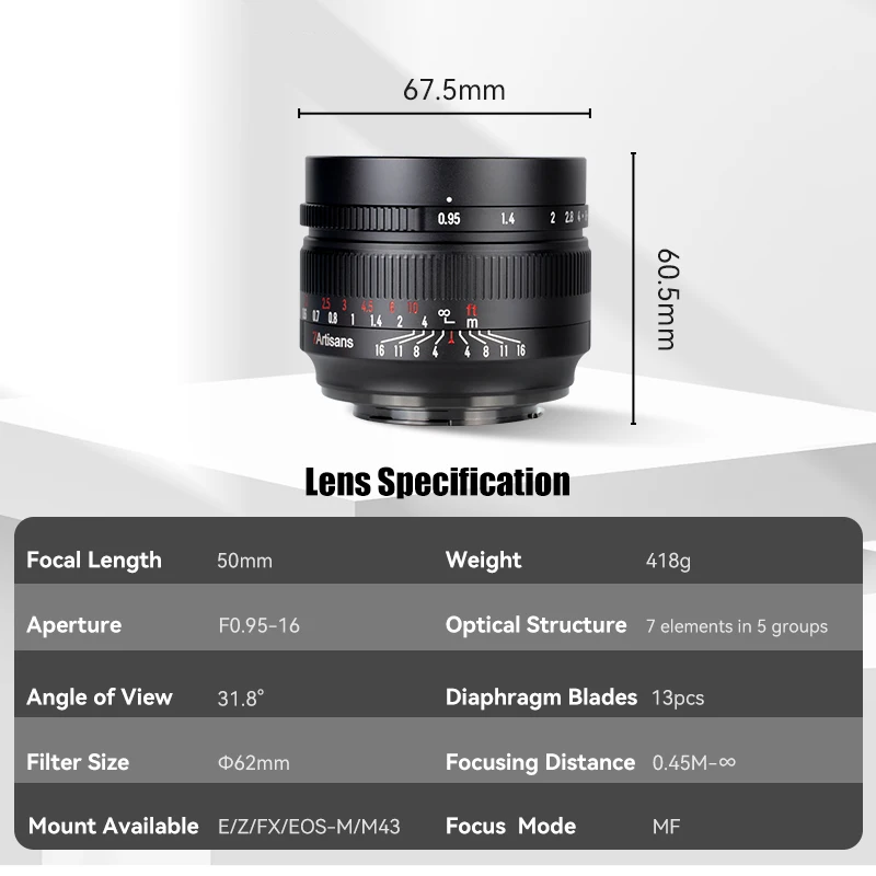 7 artigiani 7 artigiani MF 50mm F0.95 APS-C lente principale ad ampia apertura per Sony E Canon EOS-M Canon RF Fuji FX Nikon Z Z50 Micro 4/3