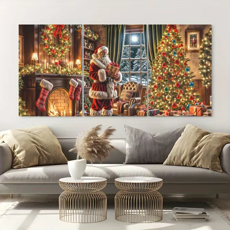 Triptych Diamond Art Mosaic Christmas Eve Fireplace,Santa Claus Diamond Painting 3Pcs Rhinestones DIY Embroidery Cross Stitch