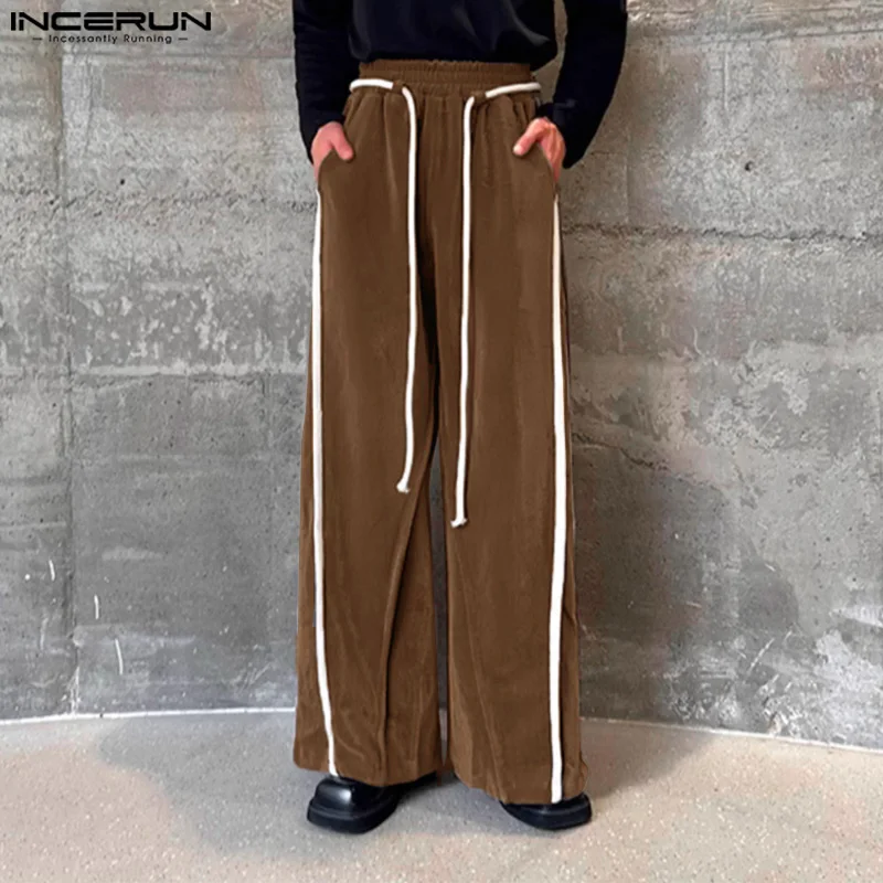 INCERUN 2025 Korean Style Trousers Fashion Men Straight Leg Pants Suede Drawstring Design Pantalons Casual Simple Male Long Pant