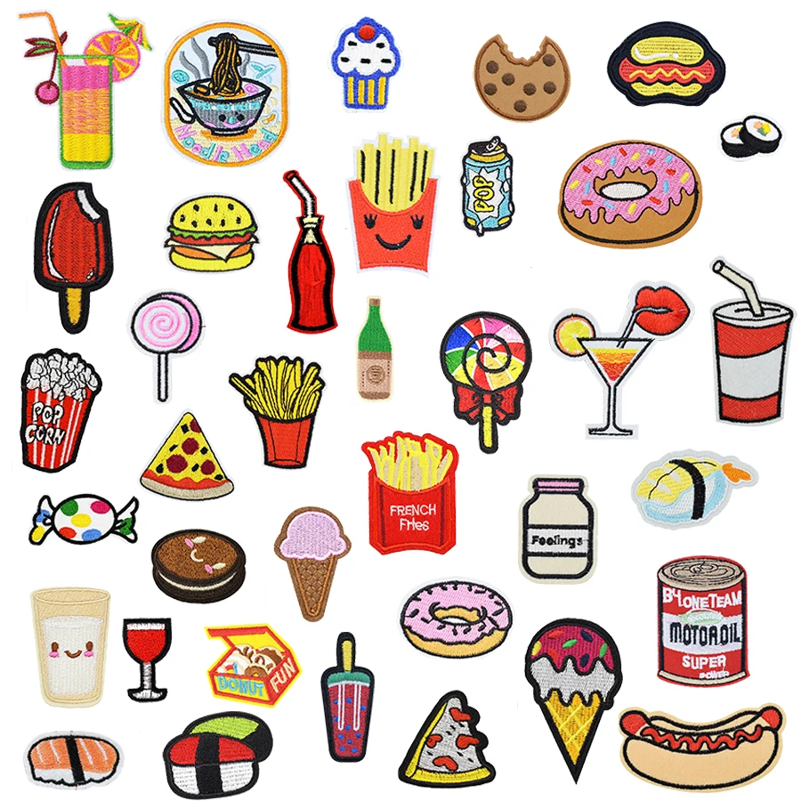 1PCS Food Drink Embroidery Patch for Clothing Cartoon Cute Donut Burger Iron On Patches Sewing on Garment Applique Accessories