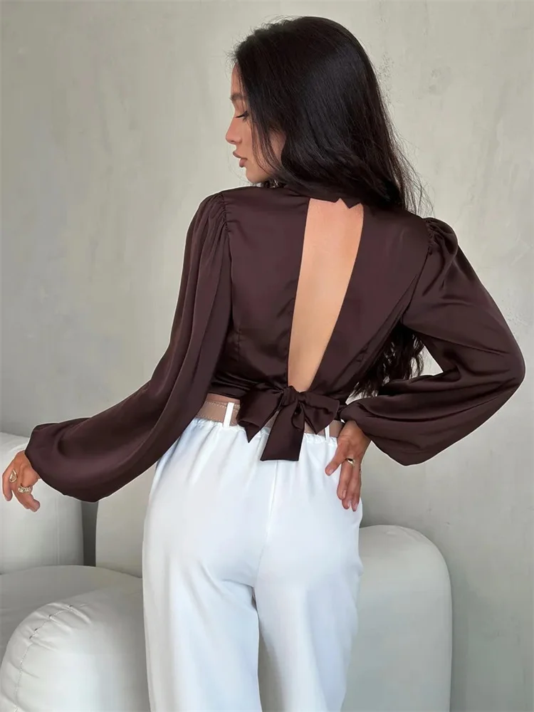 

Tossy Satin Backless Commute Tank Top Women's Long Sleeve Casual Patchwork Solid Cropped Y2k Top Tee Female Summer Vest T-shirt