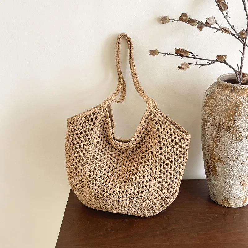 

2026 Summer Vacation Candy Color Cotton Crochet Shoulder Bag Hollow Out Design Women's Large Capacity Shopping Beach Bag