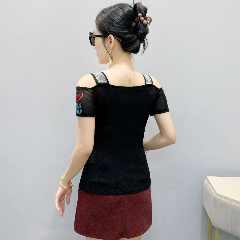 New European Clothes Women's T-shirts Fashion Sexy Off Shoulder Hot Drill Mesh Tops Short Sleeve Summer Elastic Tee