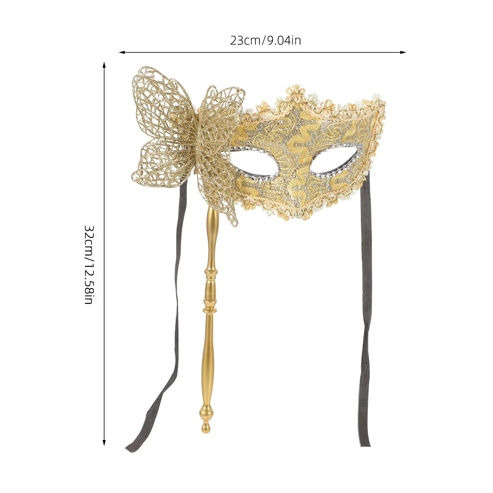 Premium Handheld Masquerade Mask for Women Gold Chic Drama Mystery Design Halloween Birthday Prom Dancing Party Selfie Photo
