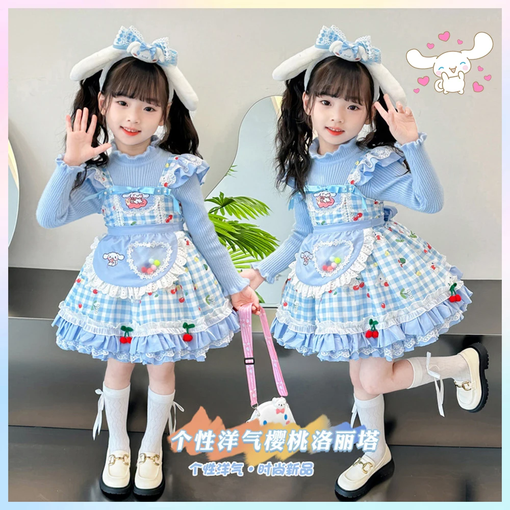 Kawaii Sanrios Cinnamoroll Kids Girls Lolita Princess Skirt T-Shirt Spring Autumn Dress Cosplay Costume Birthday Party Dress Set