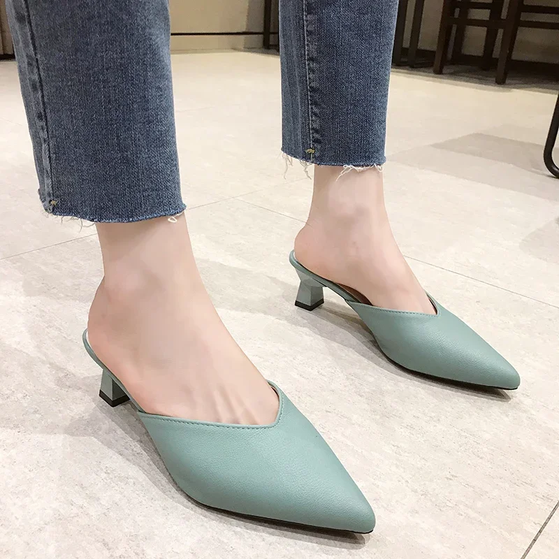 Thin Heels Pointed Toe Female Shoes Ladies\' Slippers Low Shallow Mules For Women Luxury Slides New Designer Fashion Bas