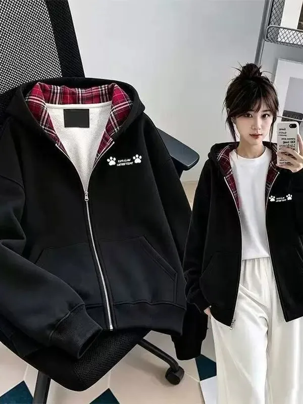 Loose Lazy Plaid Hoodie Women's Autumn Winter Fleece Zipper Cardigan Casual Versatile Anti-Aging Outerwear