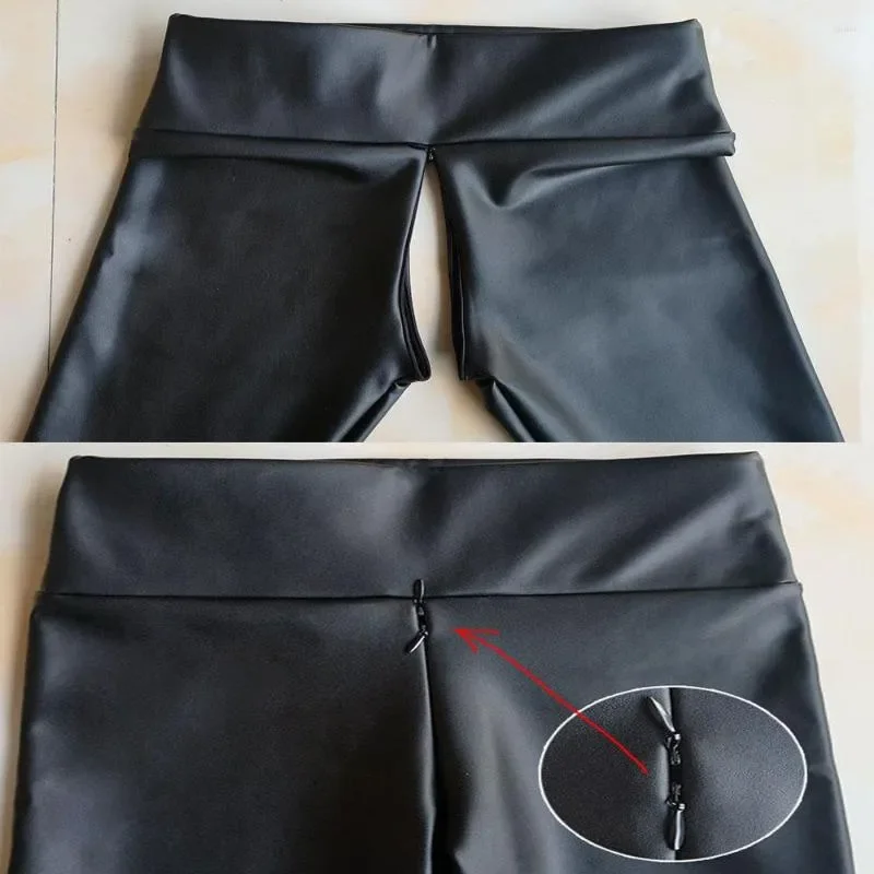 Women PU Pants Open Crotch Sexy Leggings Large High Waist Invisible Crotchless Leather Zipper Outdoor Sex Panties Exotic Costume