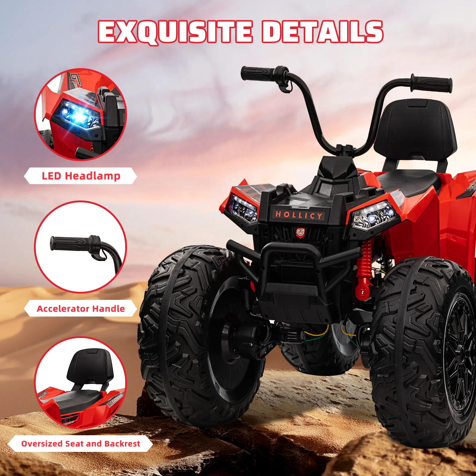 24V ATV voor kinderen, tweezits rit op auto 4WD quad elektrisch voertuig, 4x100W krachtige motor met 7AHx2 grote batterij gaspedaalhandgreep