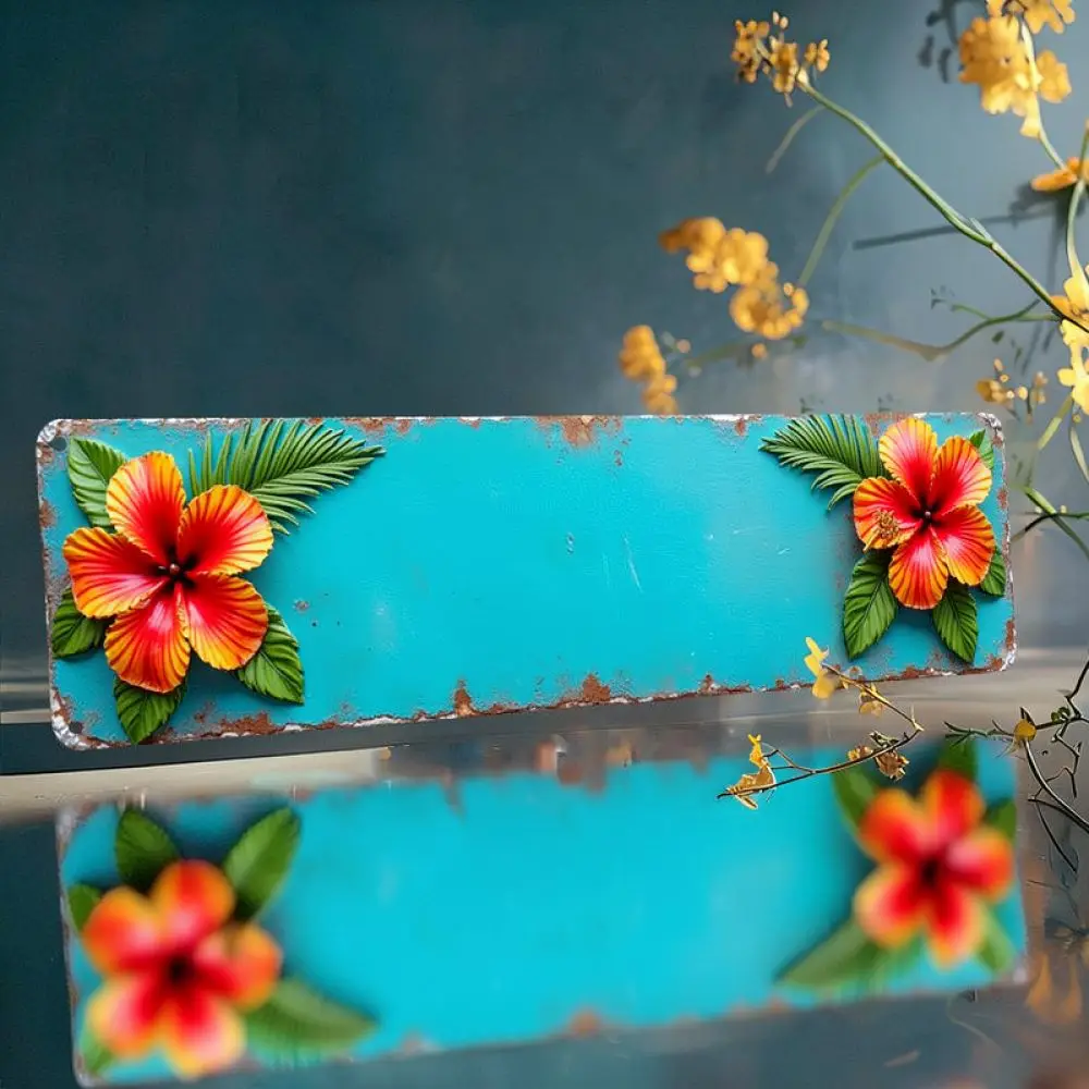 Decorative Metal Wall Plaque Hawaiian Floral Motif Turquoise White Aluminum Sign For Living Room Patio Wall Art
