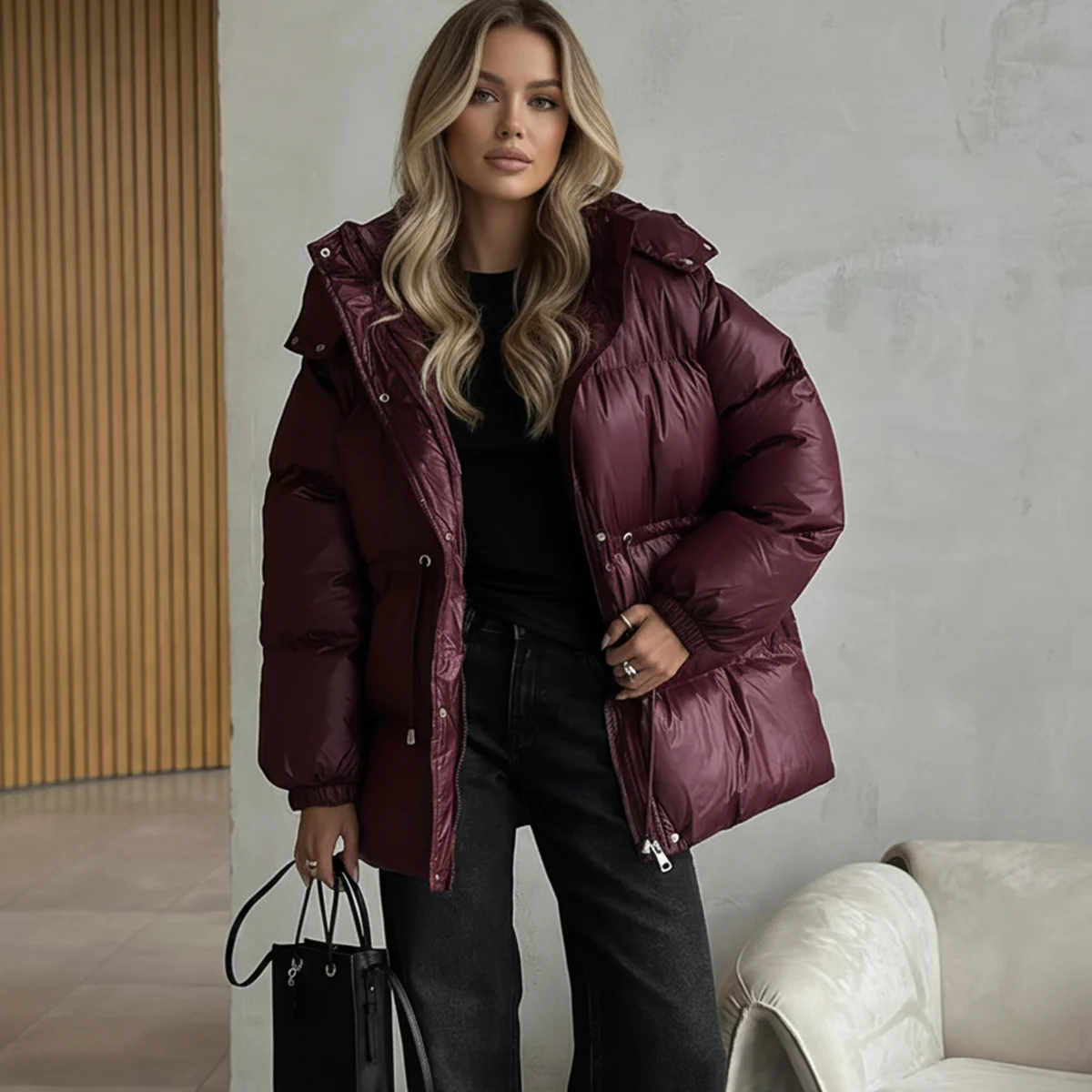 Women's 2025 Winter Dark Gray Shiny Cotton Coat Hooded Long Sleeve Drawst Waist Midi Jacket Elastic Cuffs Pockets Casual Coat