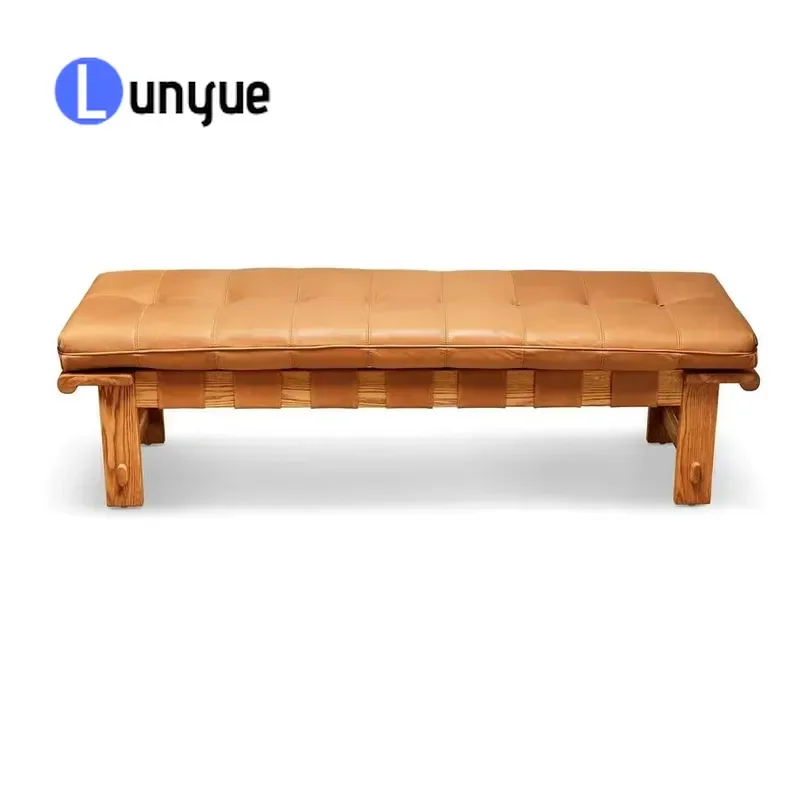 Vintage American Tan Leather Padded Bench Seat Ottoman for Bedroom Bedside Restaurant Cafe Durable Comfortable Entryway
