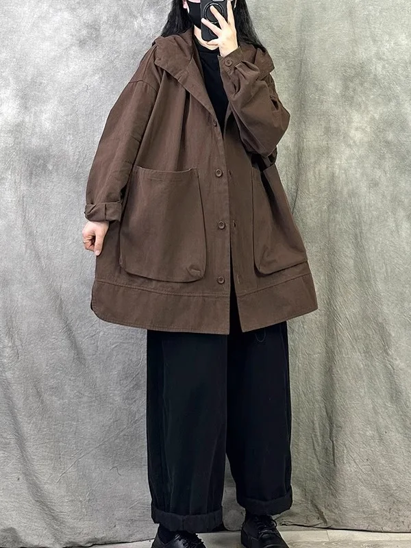 

Retro Oversized Hooded Jaet Women's Casual Workwear Coat Spring New Loose Large Size Mid-Length Single Button Closure