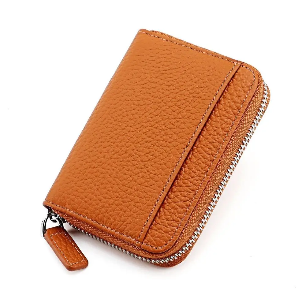 RFID Blocking Short Wallet Zipper Pocket Multi Card Slots Small Clutch Wallet Solid Color Genuine Leather Bifold Card Holder