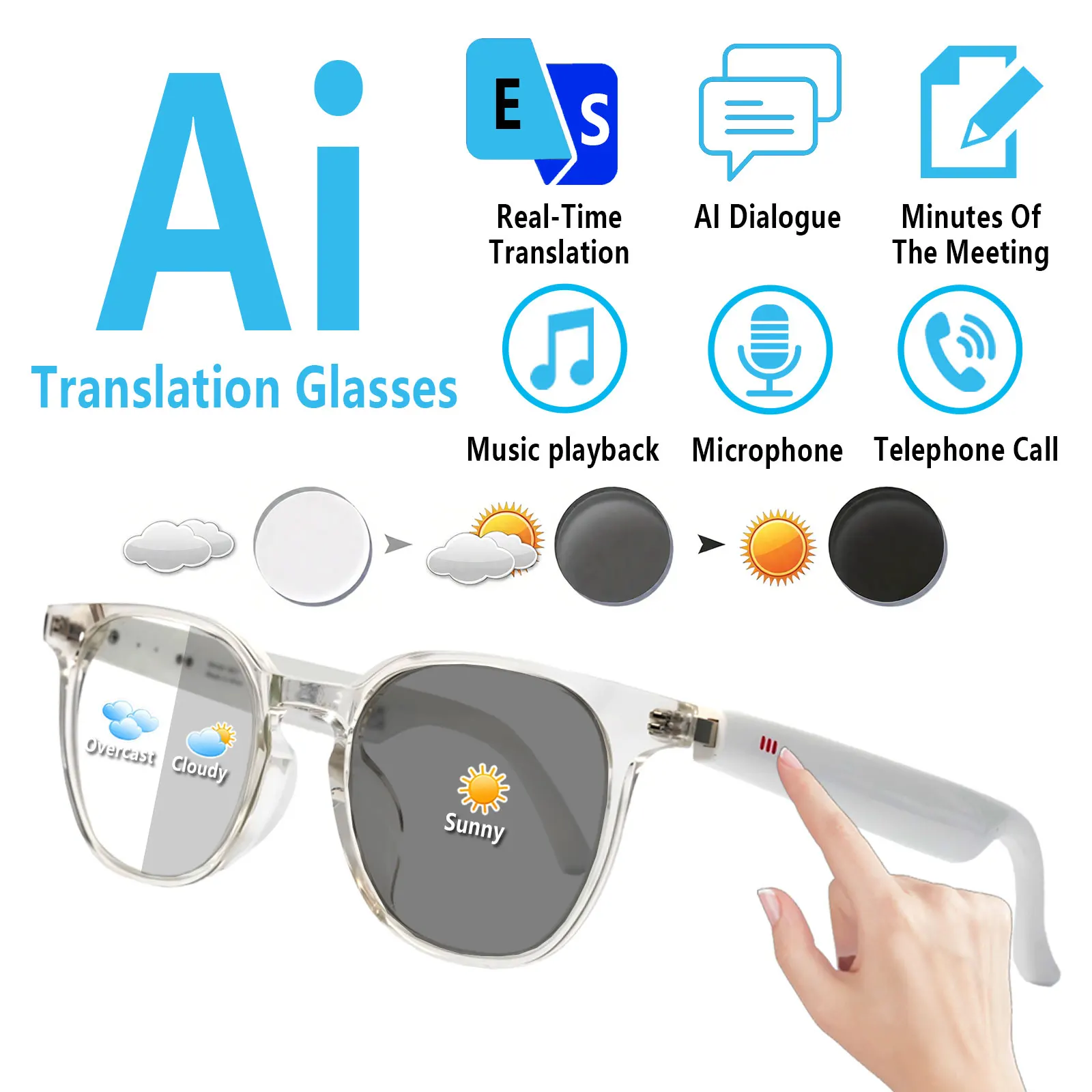 

Аудиоочки, очки для перевода, воспроизведение музыки, телефонные звонки, перевод через приложение, фотохромные линзы, сенсорное управление.